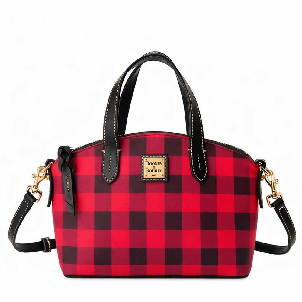 Dooney & Bourke Buffalo Plaid Small Satchel Red Black Crossbody Bag Leather Trim